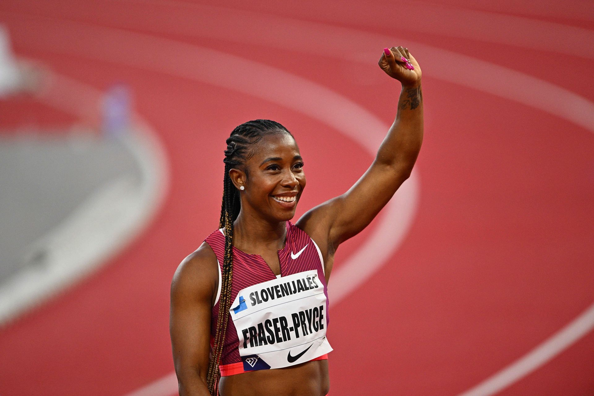 Shelly-Ann Fraser-Pryce of Jamaica celebrates after winning in the Women's 100m during the Herculis EBS 2022; Source: Getty